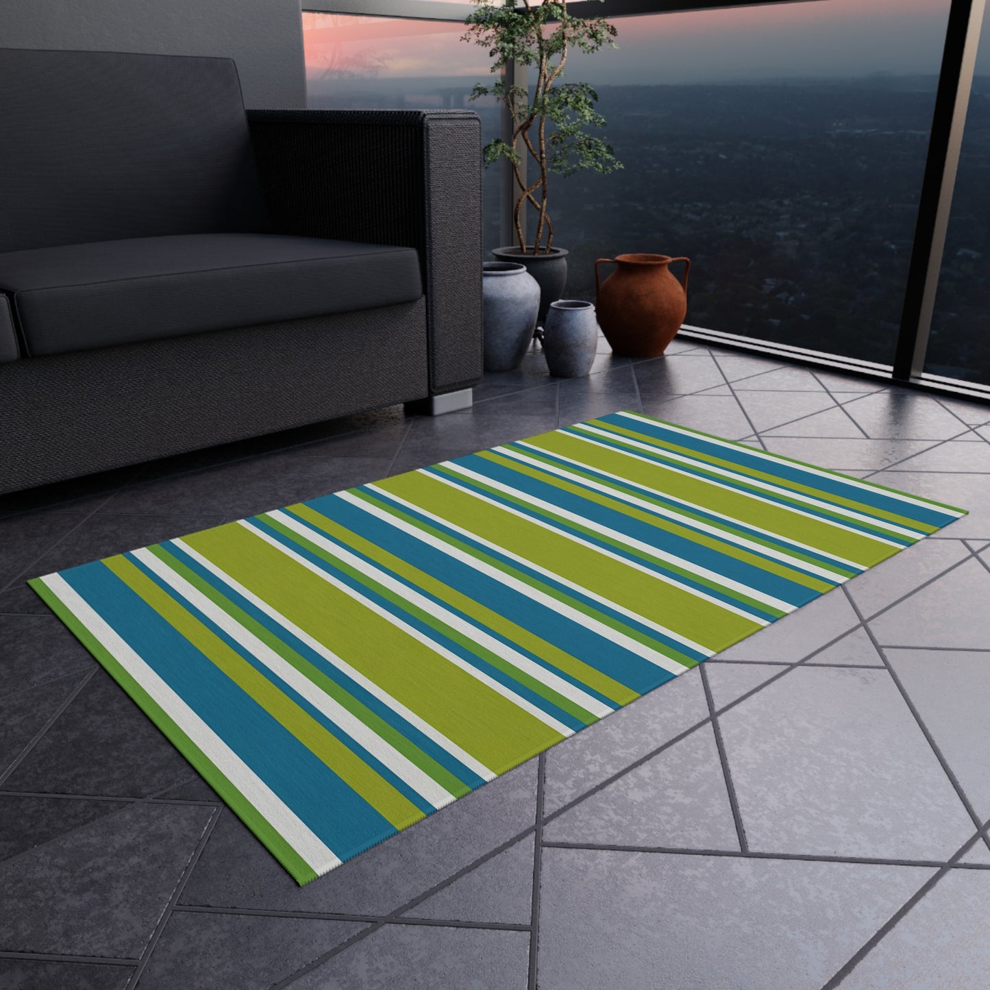 Blue Green White Stripe Outdoor/Indoor Rug | Patio Mat, Weather-Resistant