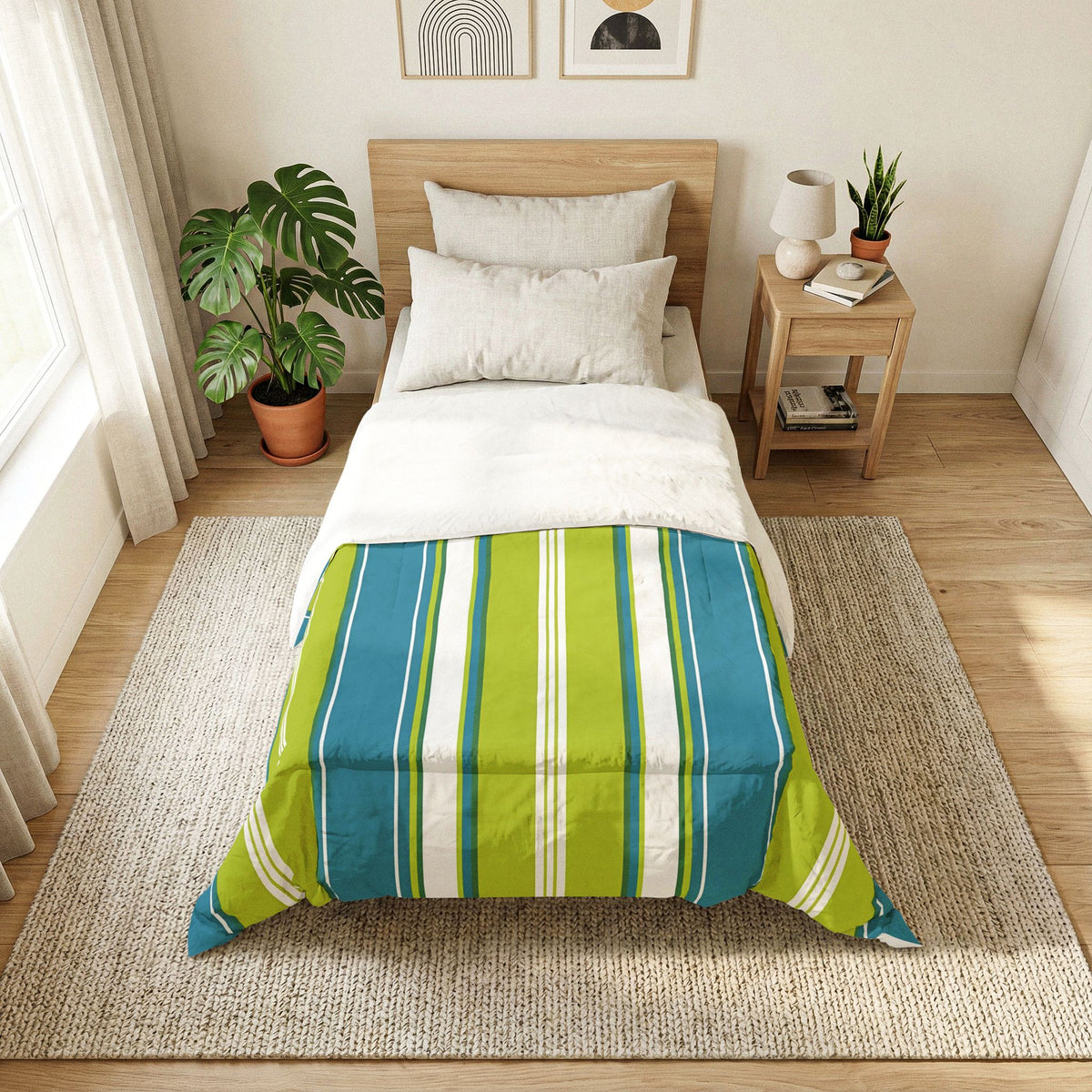 Blue Green Stripe Comforter | Cotton Comforter, Reversible Bedspread
