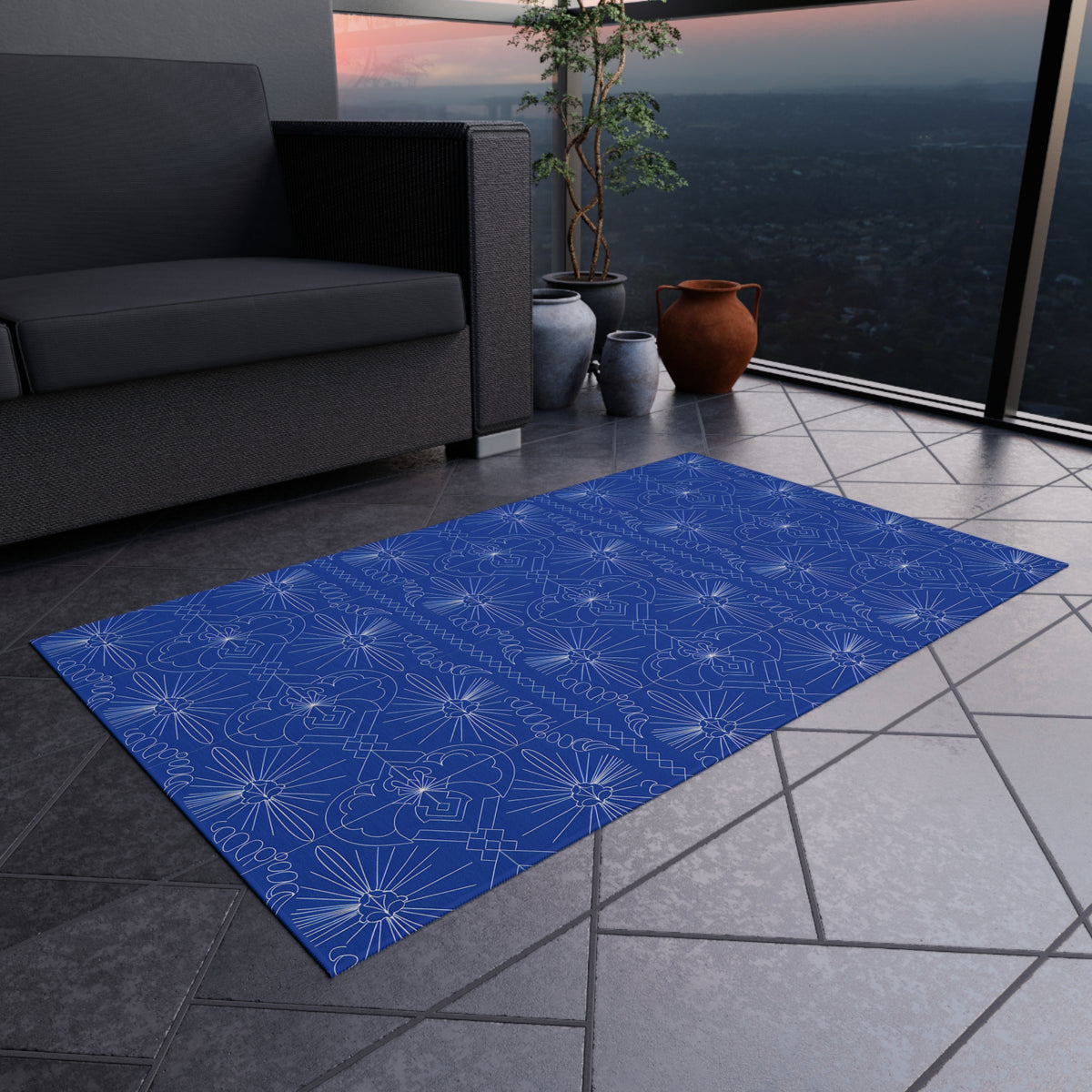 Cobalt Blue Geometric Floral Pattern Outdoor Rug | Patio Mat