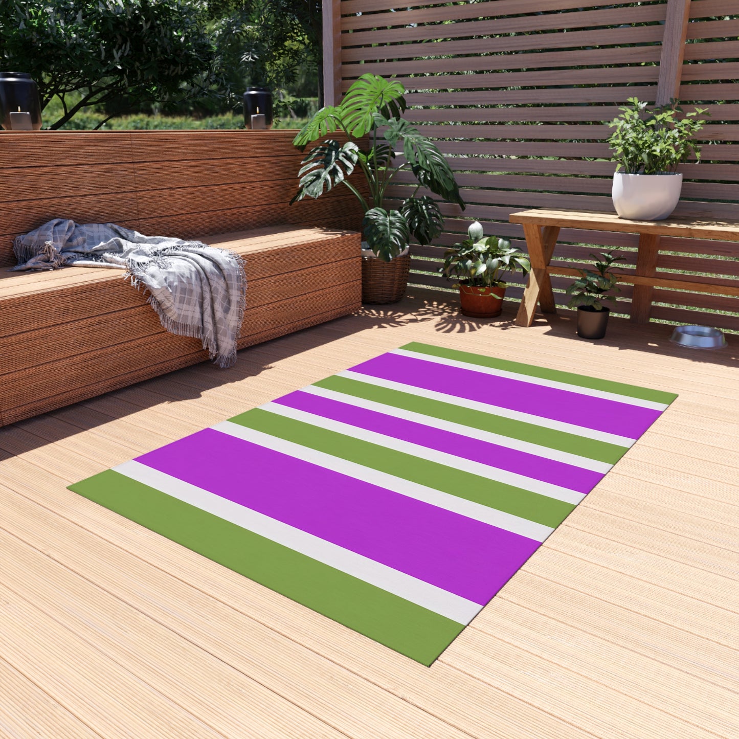 Magenta and Green Striped Outdoor Rug | Patio Mat, Weatherproof Stripe Design