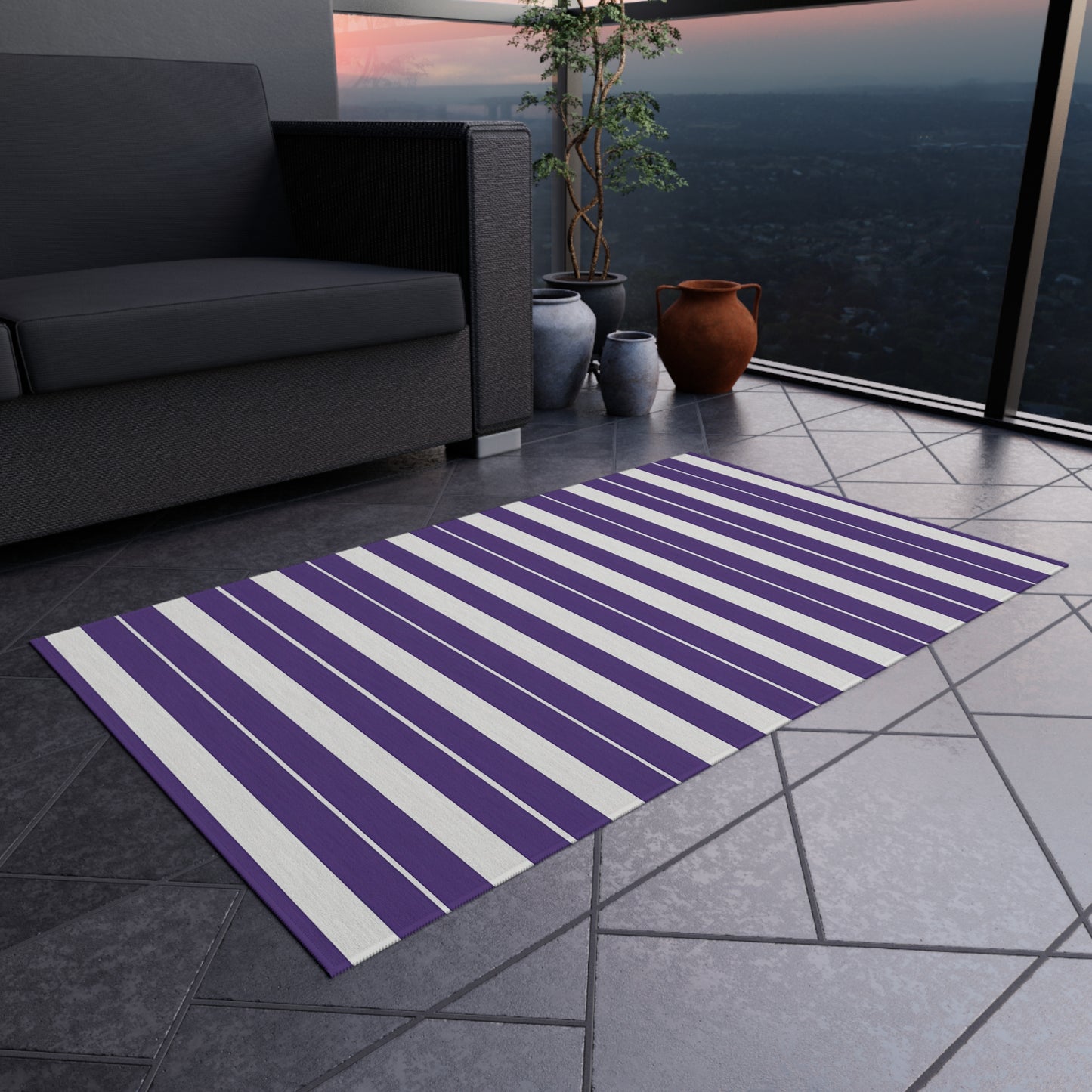 Purple White Stripe Outdoor/Indoor Rug | Patio Mat, Weather-Resistant Striped Doormat