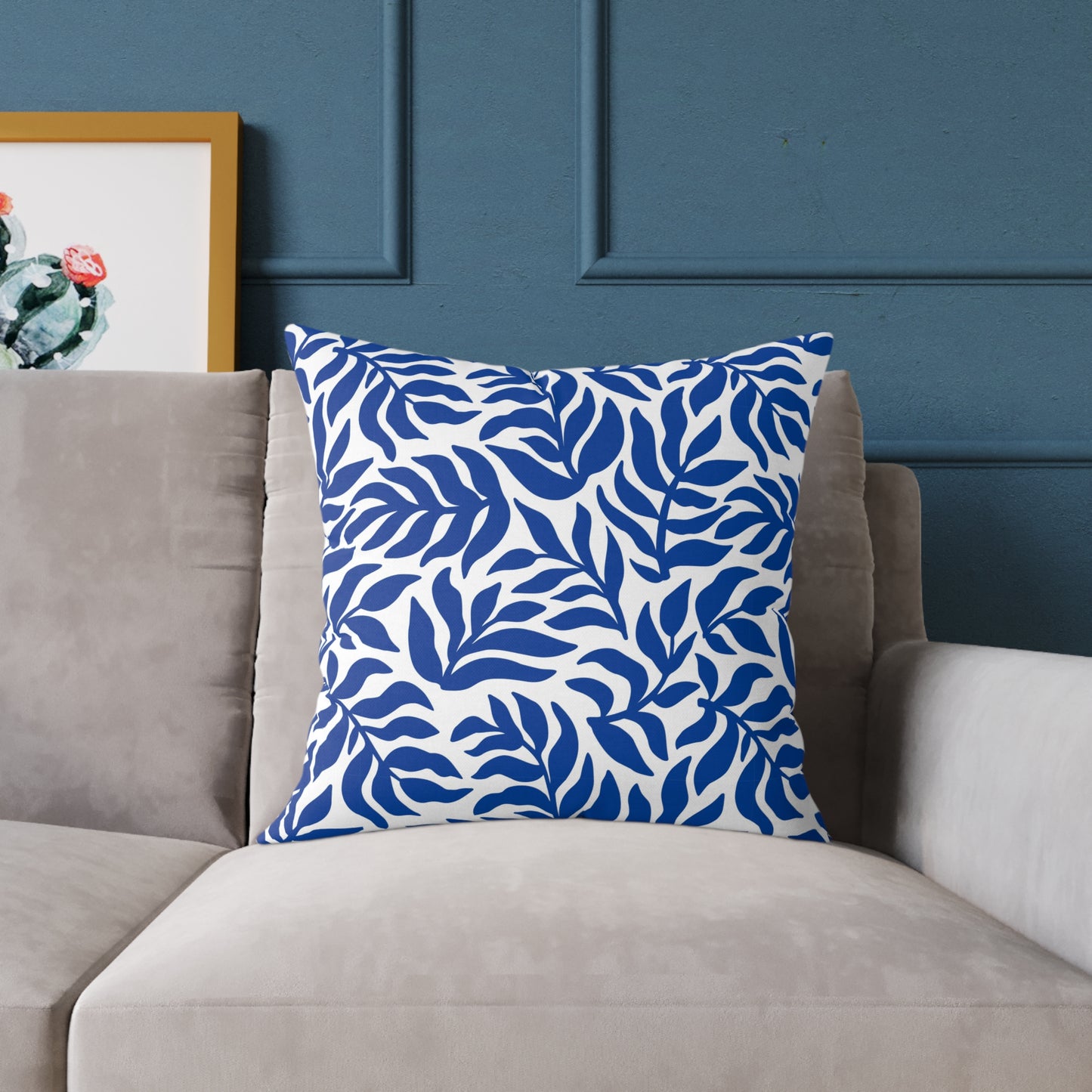 Blue White Leaf Pattern Square Pillow | Botanical Throw Pillow