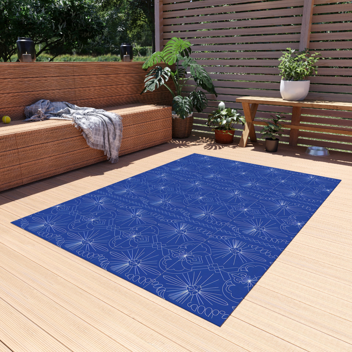Cobalt Blue Geometric Floral Pattern Outdoor Rug | Patio Mat