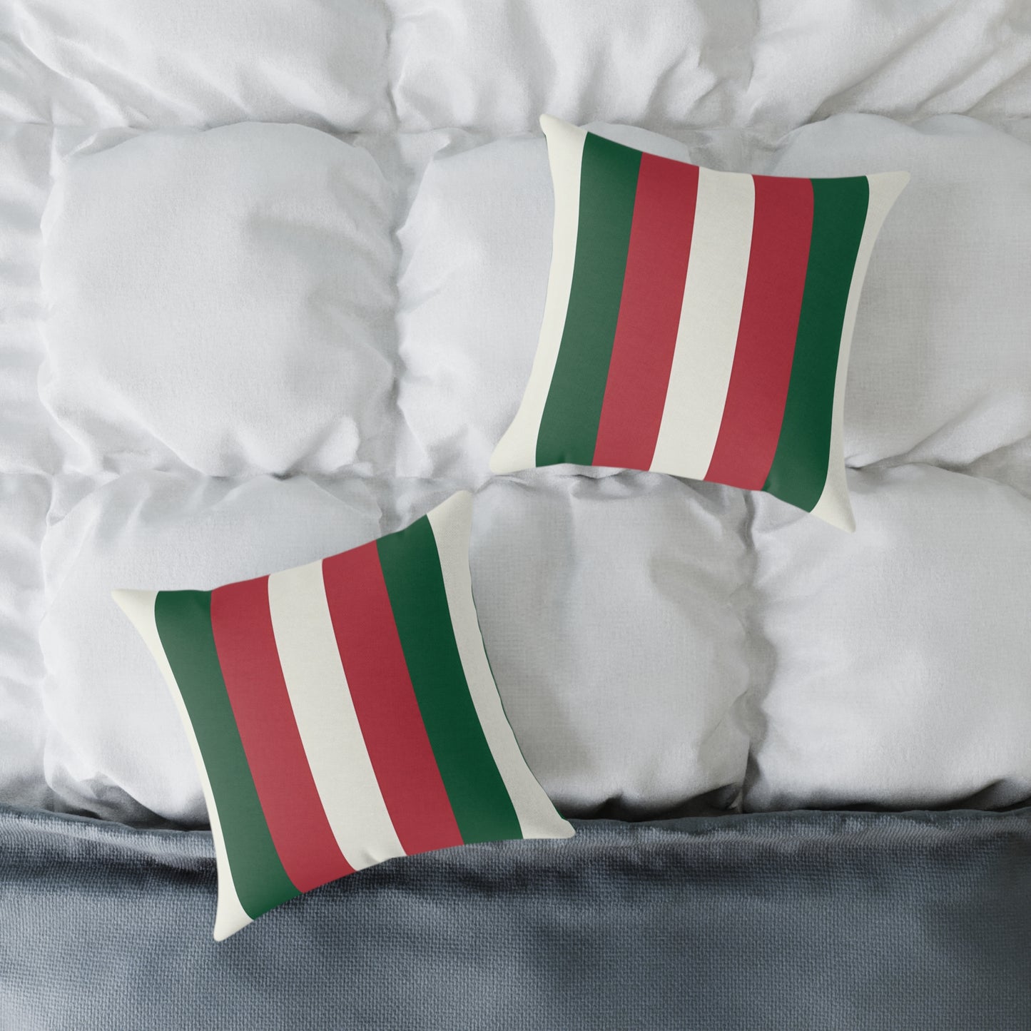 Green Red White Stripe Pillow | Square Poly Canvas Pillow