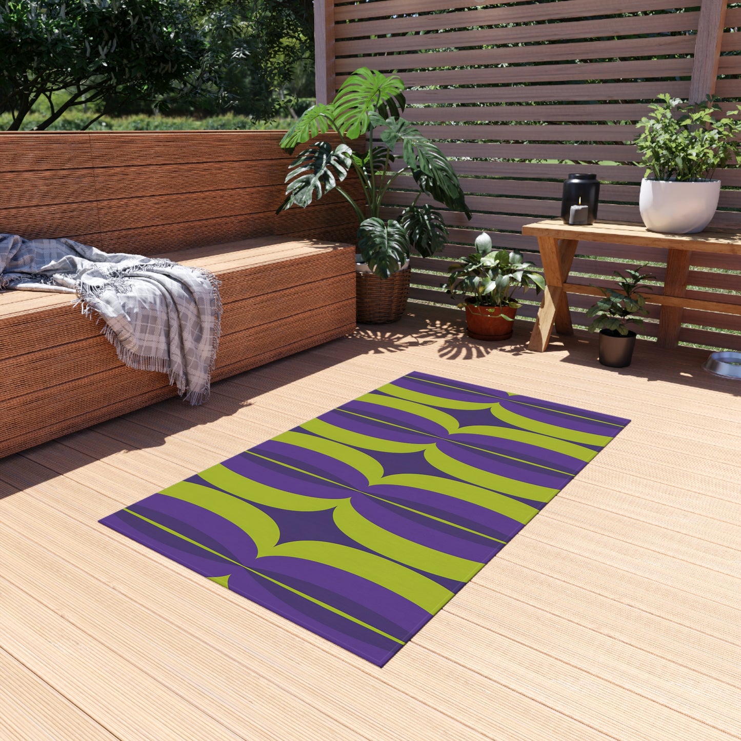 Green and Purple Mid-Century Geometric Outdoor/Indoor Rug | Retro Pattern Patio Mat