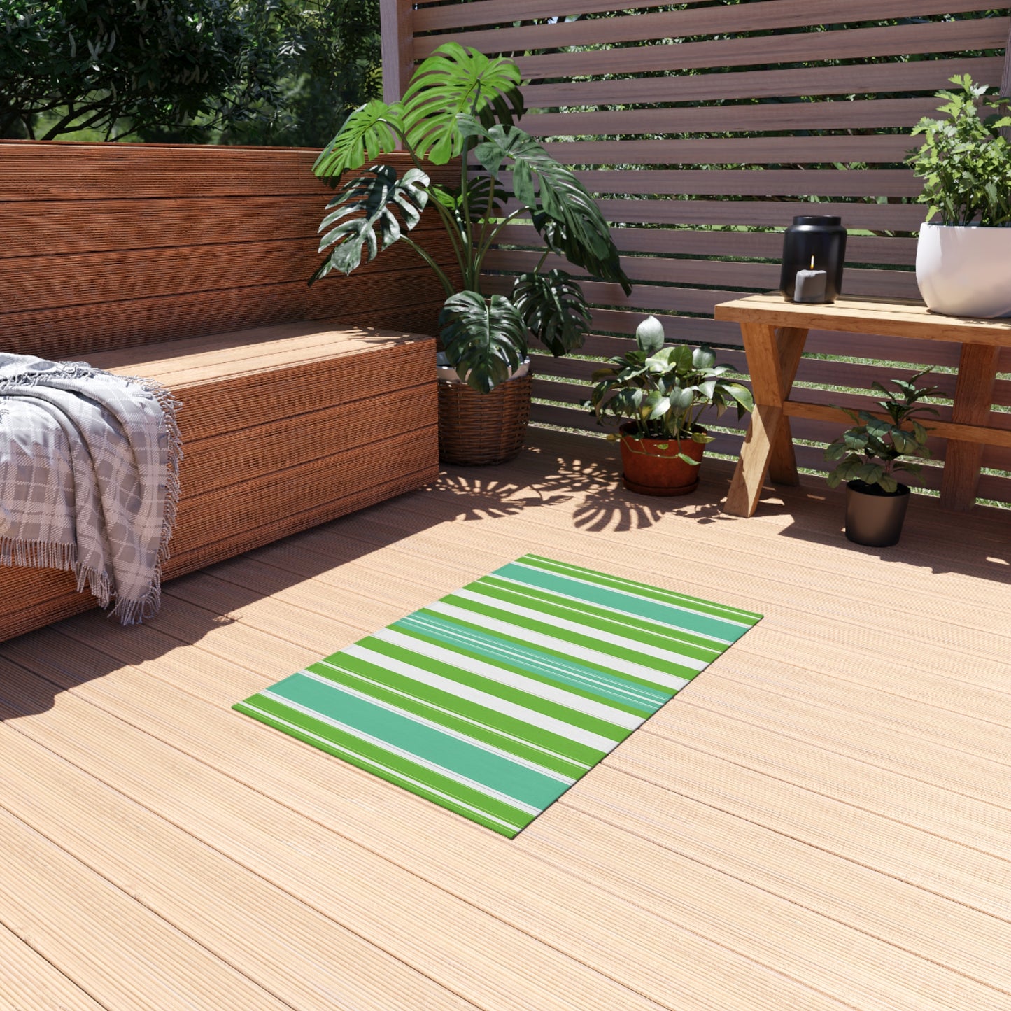 Green Blue White Stripe Outdoor/Indoor Rug | Patio Mat, Weatherproof Area Rug
