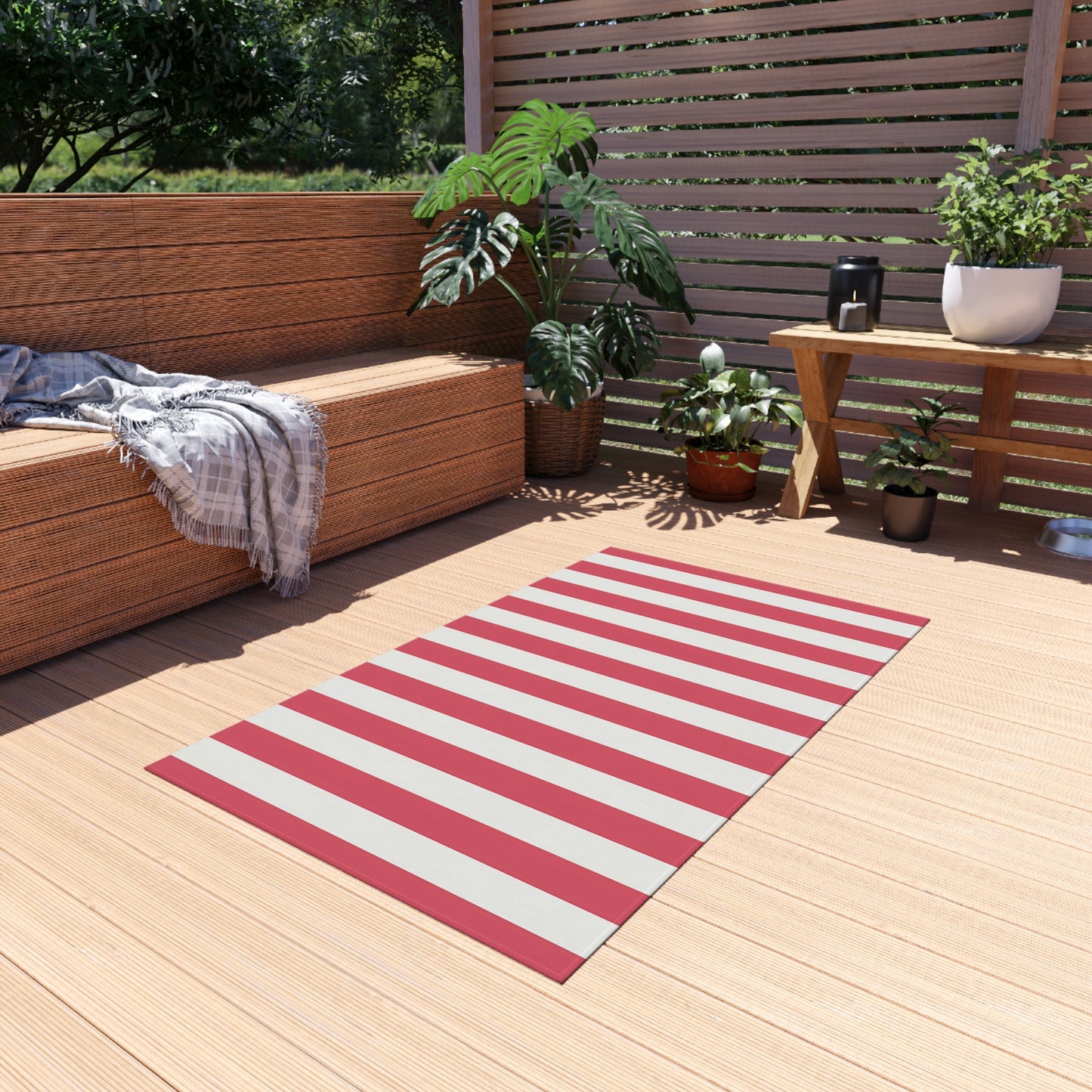Red-Pink and White Vertical Stripe Outdoor/Indoor Rug | Patio Mat, Coastal Deck Accent