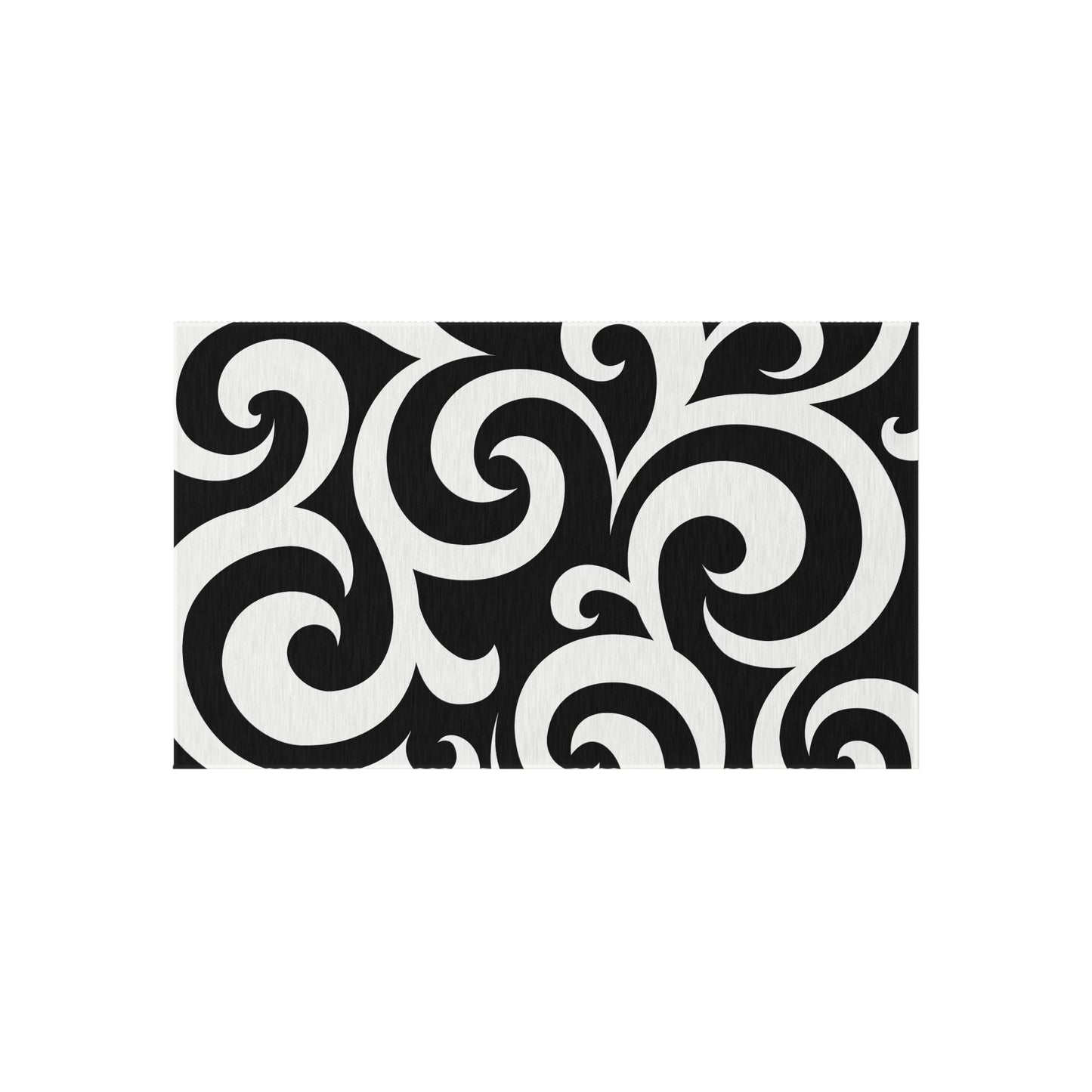 Black White Swirl Pattern Outdoor Rug | Modern Scroll Patio Mat