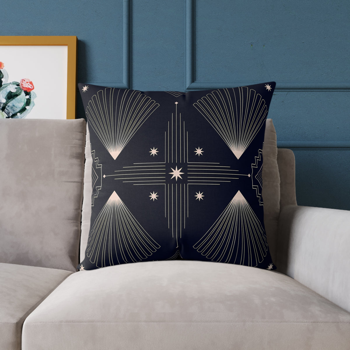 Indigo Blue Art Deco Starburst Square Pillow | Geometric Night Sky Throw Pillow