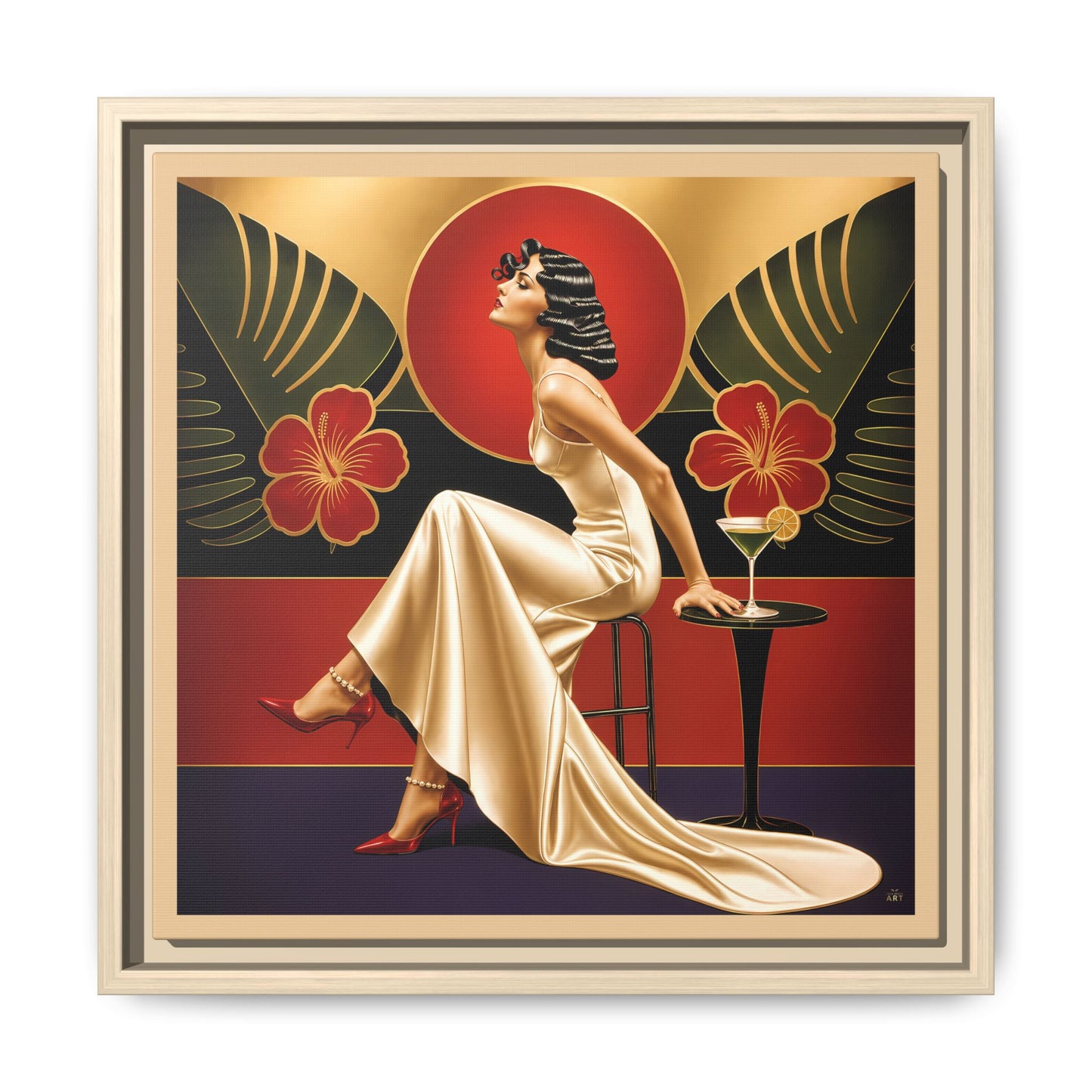 Art Deco Lady Red Green Beige Tropical Canvas Framed Wall Art | Matte Print