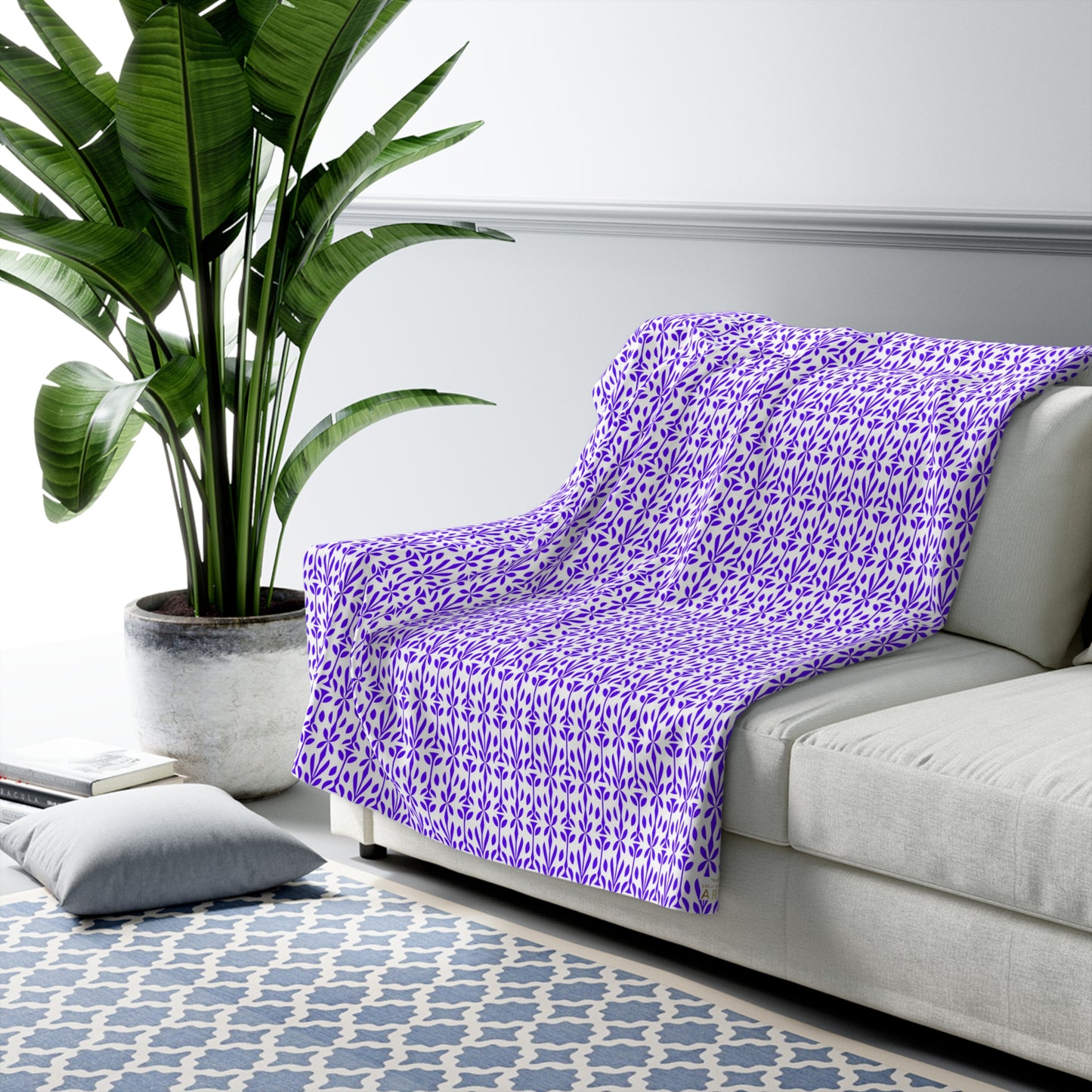 Purple Floral Tile Sherpa Blanket | Reversible Fleece Throw,  Perfect Gift for Home Decor, Living Room Throw, Soft Blanket for All