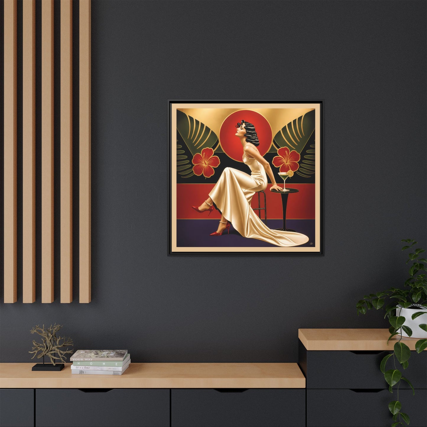 Art Deco Lady Red Green Beige Tropical Canvas Framed Wall Art | Matte Print