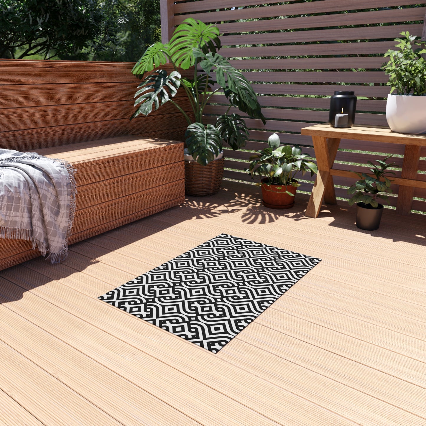 Black Geometric Trellis Outdoor/Indoor  Rug | Patio Mat, Modern Moroccan Pattern