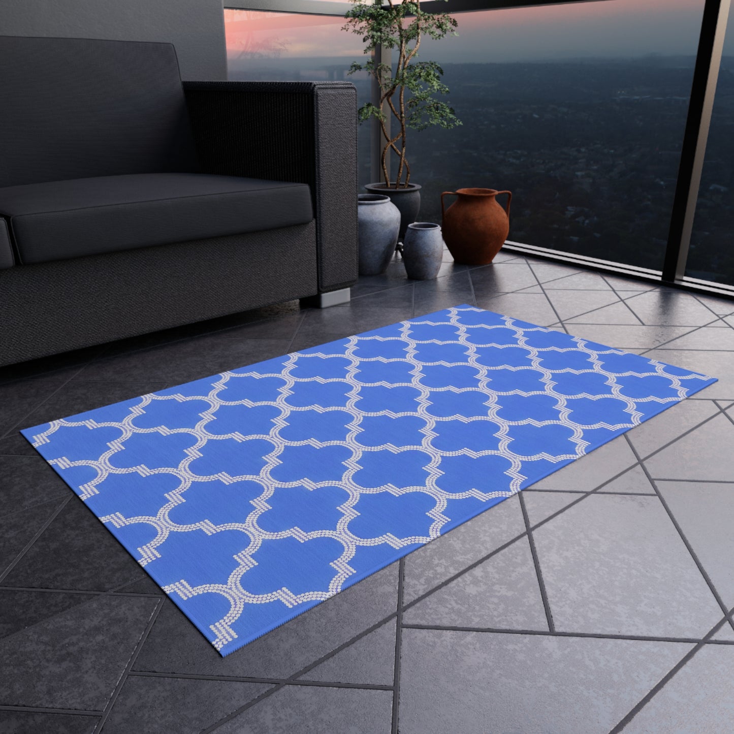 Blue Periwinkle Moroccan Trellis Outdoor/Indoor Rug | Geometric Patio Mat
