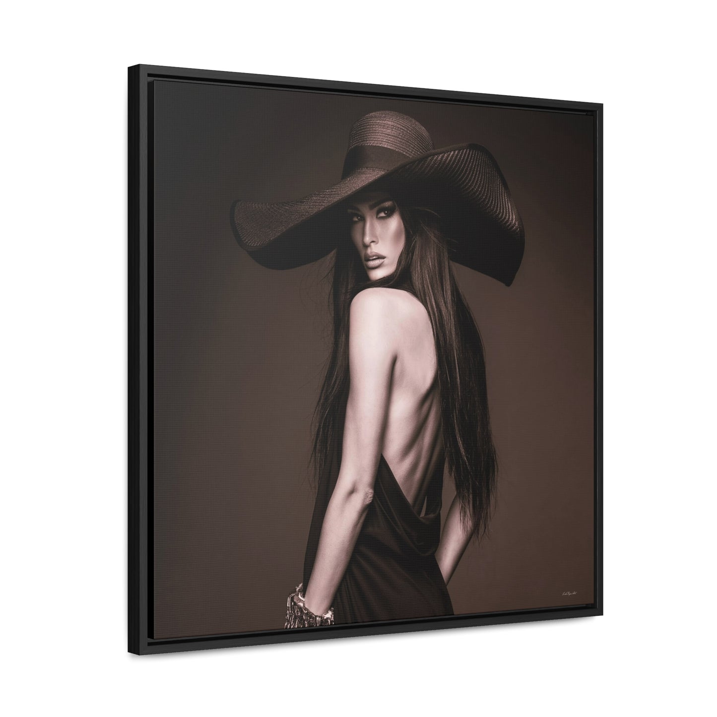 Canvas Wall Art, Sepia Tone Woman with Large Hat, Fashion Photography Decor, Moody Glam Home Decoration, Square Frame Print, Gallery Canvas