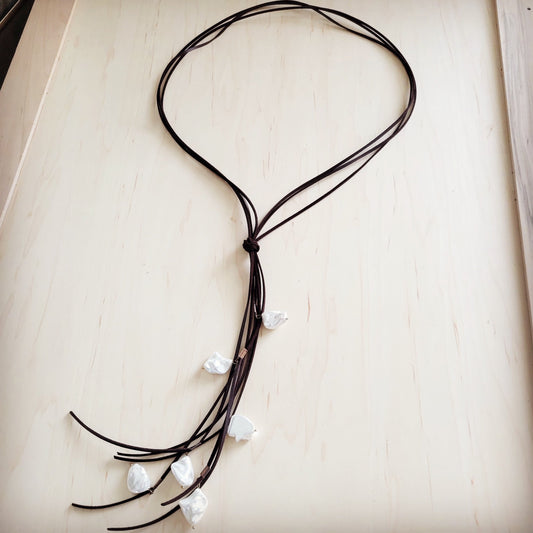 Dark Brown Boho Knotted Leather Cord Necklace w/ Pearls 263w