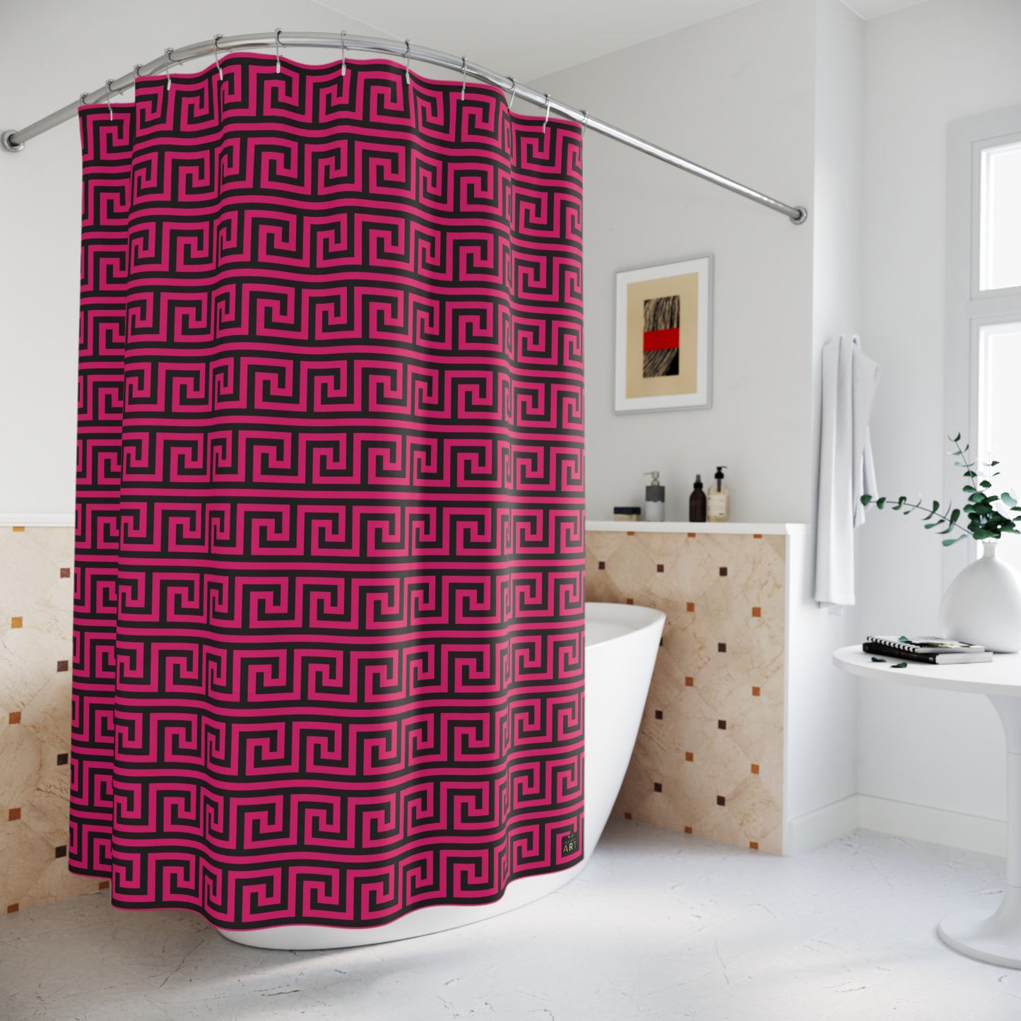 Fuchsia and Black Greek Key Shower Curtain | Geometric Bathroom Decor, Glamorous Bathroom Accessory
