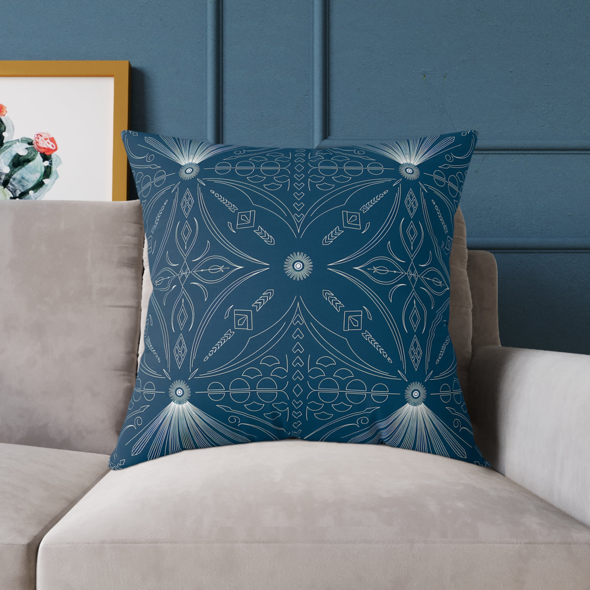 Cerulean White Geometric Mandala Square Poly Canvas Pillow | Boho Tile Pattern