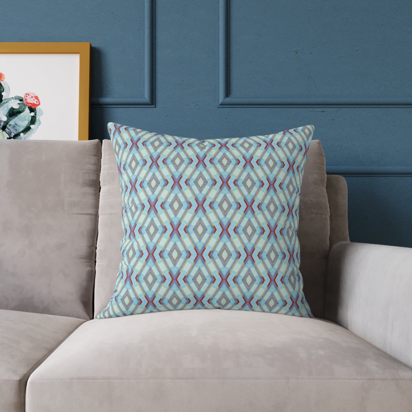 Geometric Diamond Pattern Square Pillow | Turquoise Blue Purple Dark Red Ikat Throw Pillow