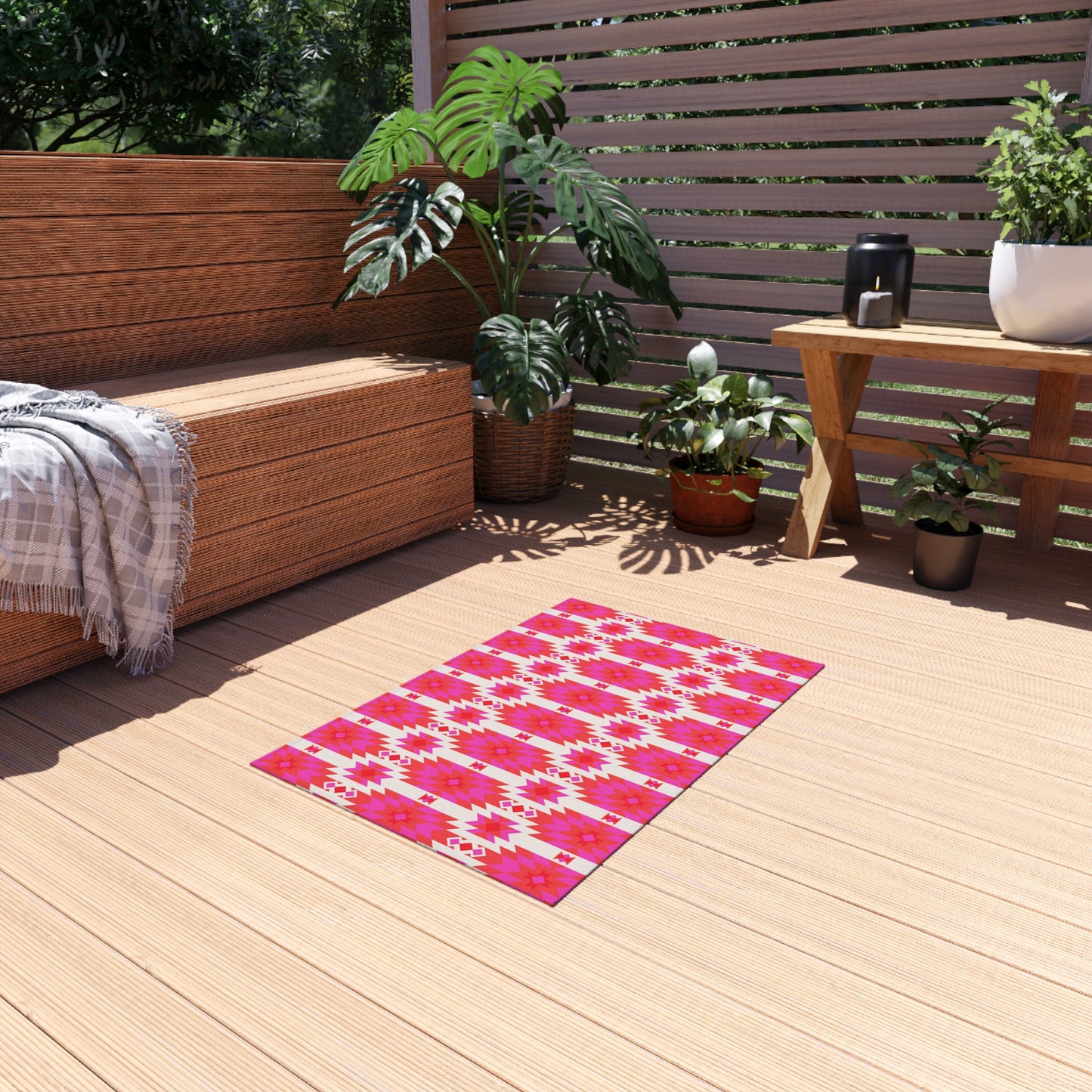 Pink Orange Aztec Geometric Pattern Outdoor/Indoor Rug | Southwestern Boho Patio Mat