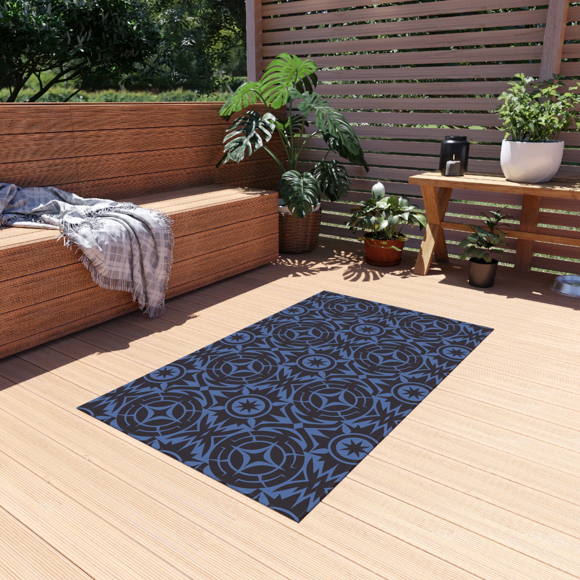 Blue and Black Stylish Outdoor Rug for Patios, Decks, and Porches, Durable Decorative Mat, Outdoor Living Essentials, Seasonal Decorations - LOLA VEGAS ART