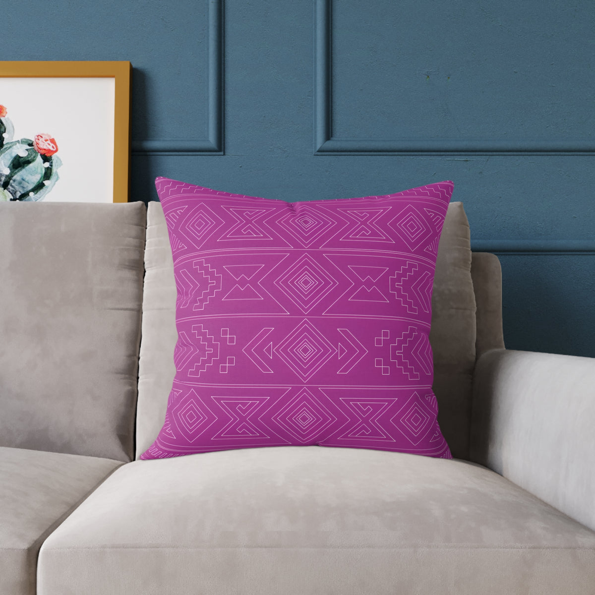 Geometric Aztec Pattern Square Poly Canvas Pillow | Magenta Tribal Throw Pillow