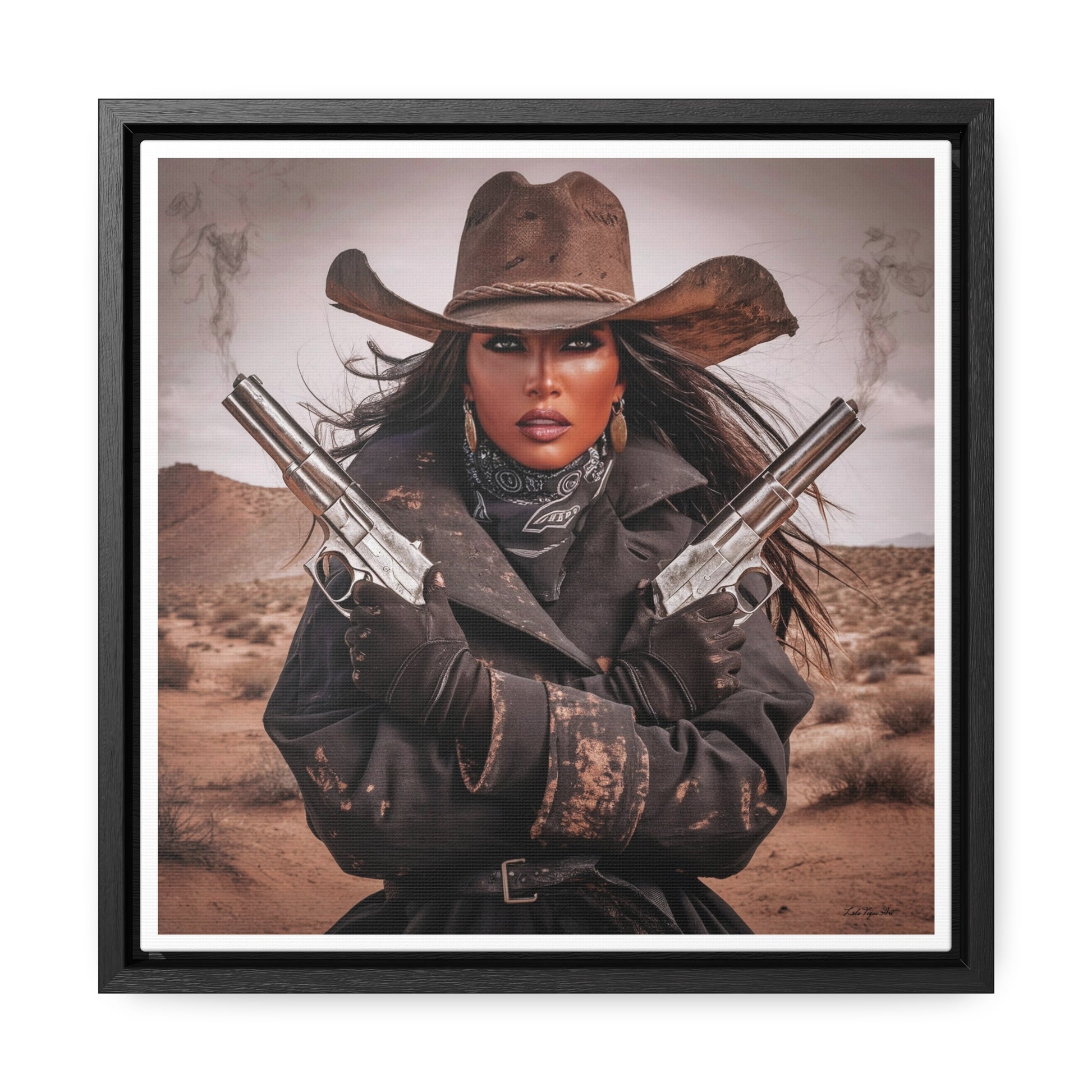 Southwestern Outlaw Queen Square Canvas Wall Art, Female Portrait, Desert Home Decor, Tough Woman in the Desert, Gallery Canvas Wraps, - LOLA VEGAS ART