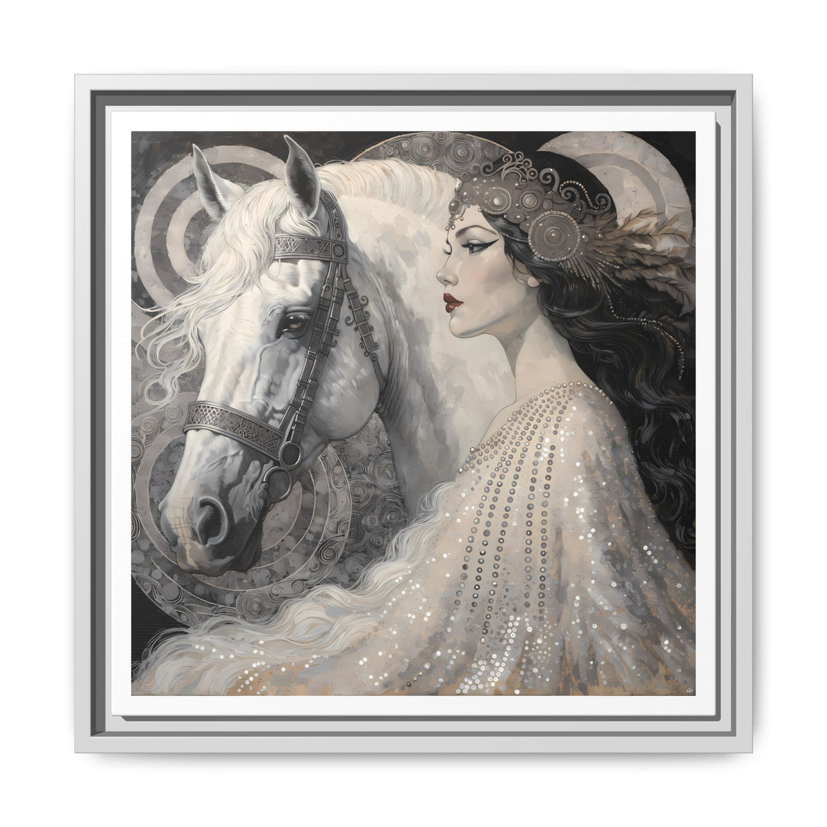 Ethereal Woman with White Horse Matte Canvas Framed Wall Art