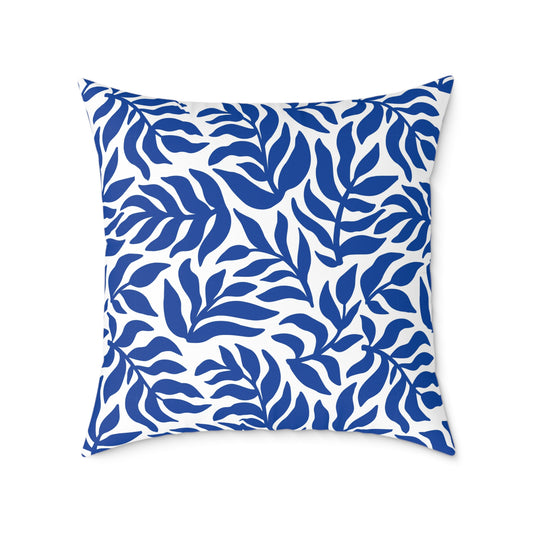Blue White Leaf Pattern Square Pillow | Botanical Throw Pillow