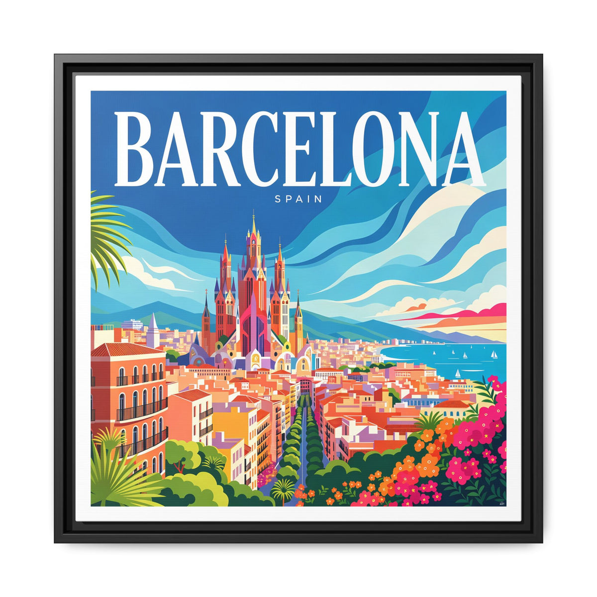 Barcelona Skyline Canvas Framed | Matte Wall Art