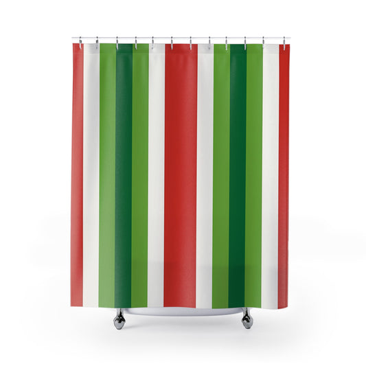 Red and Green Vertical Stripe Shower Curtain | Holiday Color Stripe Bathroom
