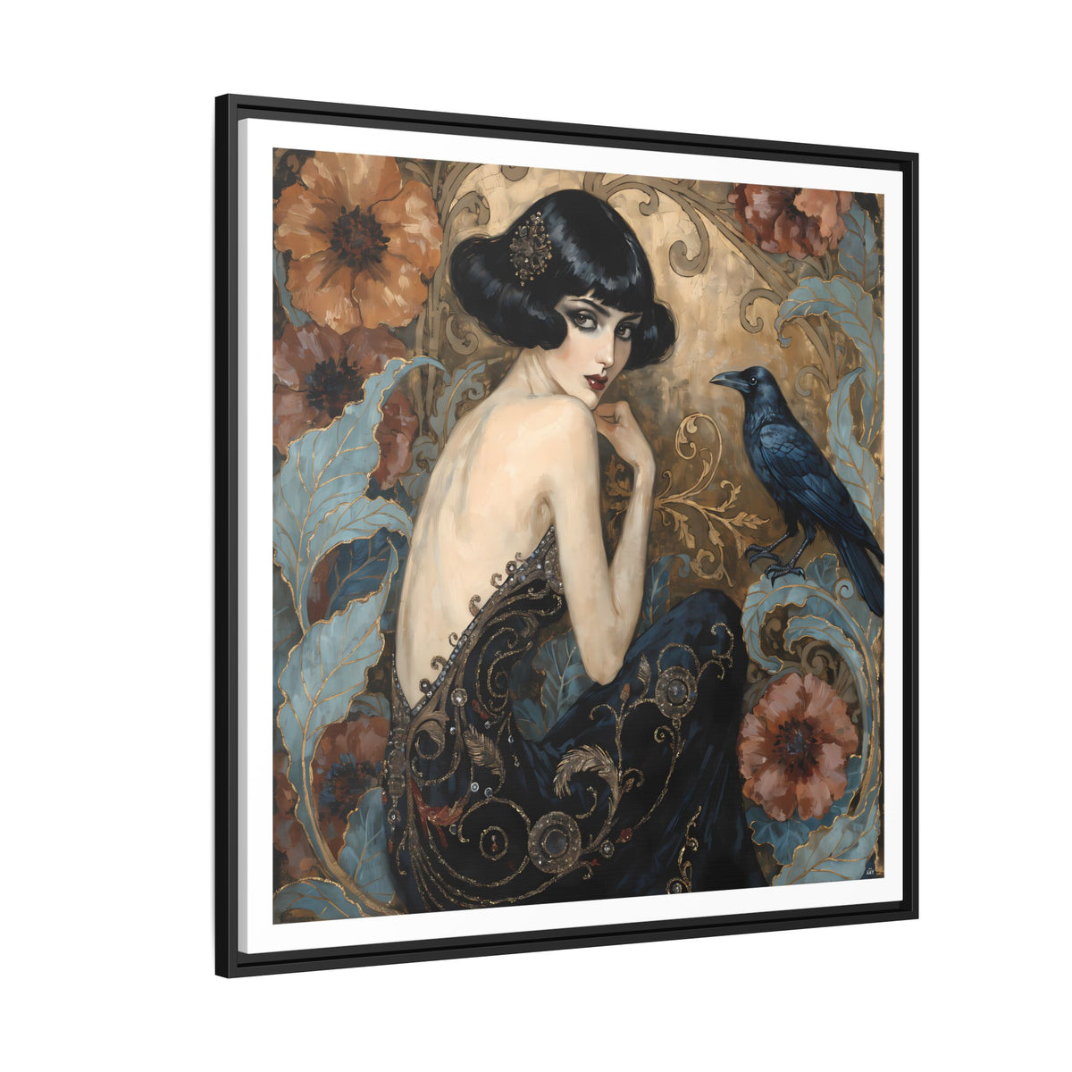 Art Deco Lady with Raven Matte Canvas Framed Wall Art | Vintage Floral Portrait