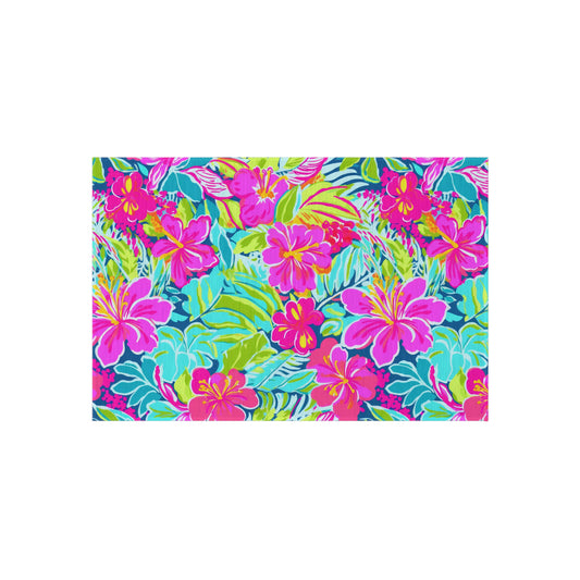 Tropical Hibiscus Floral Outdoor Rug | Bright Pink Teal Patio Mat
