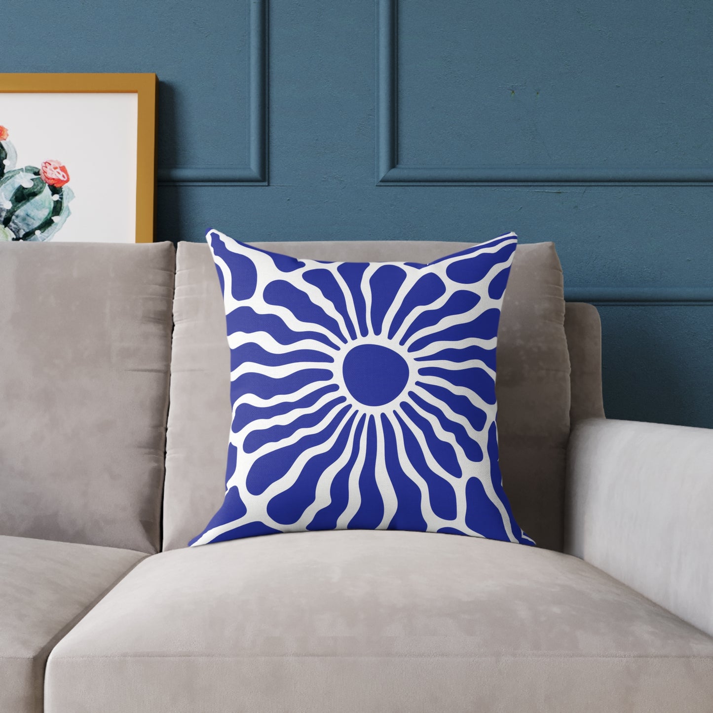 Blue Radiant Sunburst Square Pillow | Boho Coastal Throw Pillow