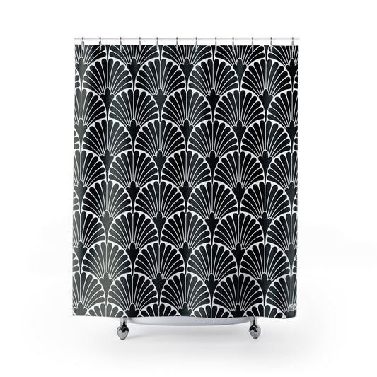 Art Deco Fan Pattern Shower Curtain | Black White Geometric Bathroom