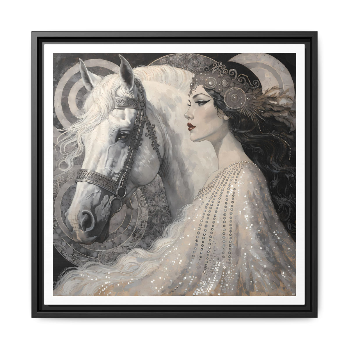 Ethereal Woman with White Horse Matte Canvas Framed Wall Art