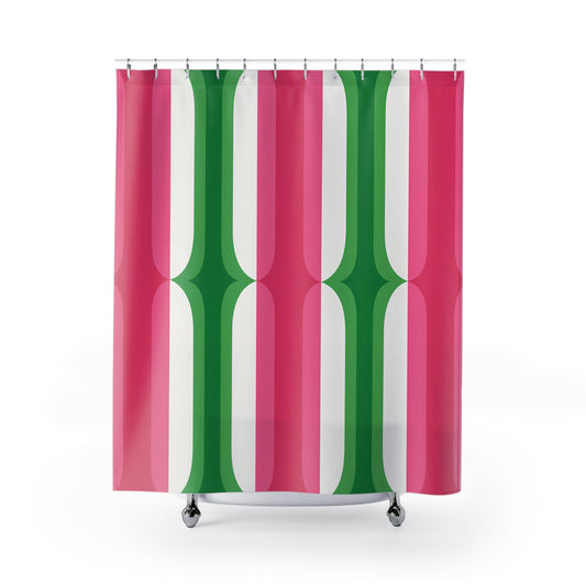 Retro Pink Green Stripe Shower Curtain | Mid Century Modern Bathroom