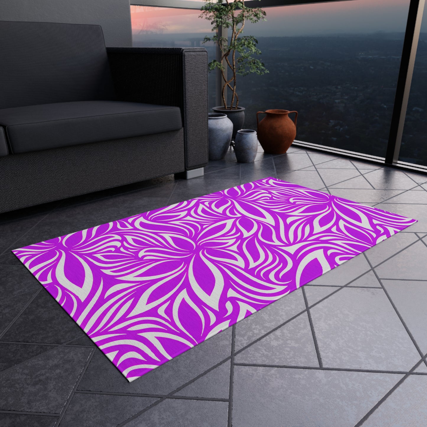Magenta White Floral Pattern Outdoor/Indoor Rug | Tropical Leaf Medallion Patio Mat