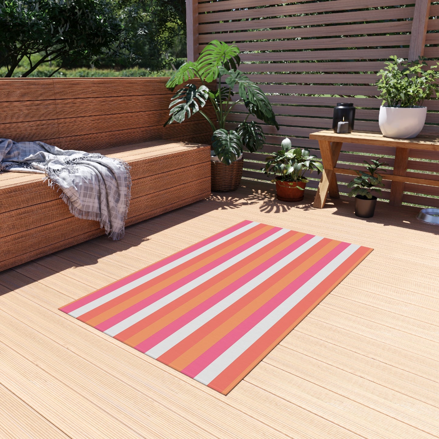Coral Pink Striped Outdoor Rug | Patio Mat, Water-Resistant