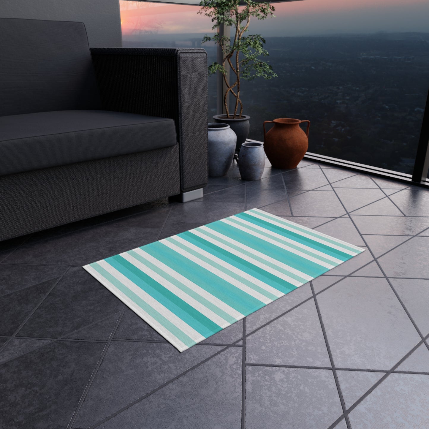 Teal Stripe Outdoor/Indoor Rug | Blue White Striped Patio Mat