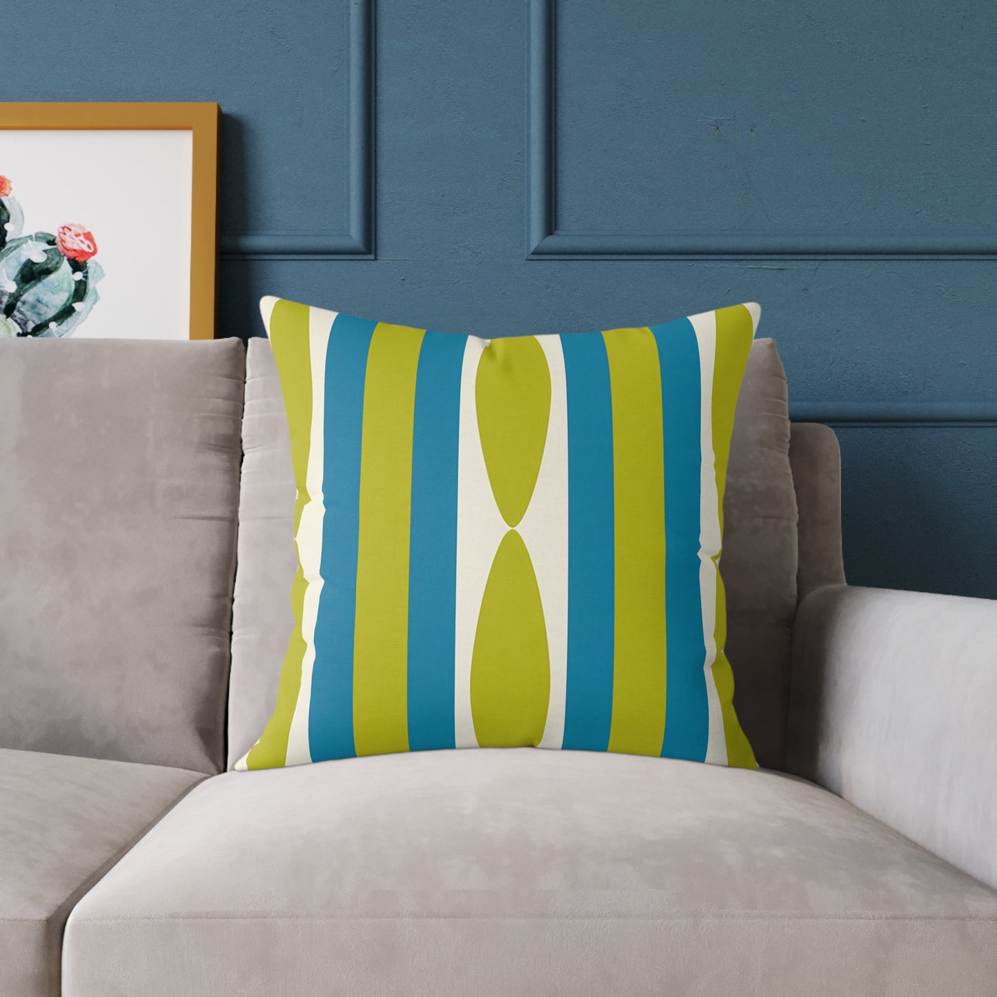 Mid Century Modern Stripe Pillow | Green and Cerulean Blue Geometric Retro Pattern