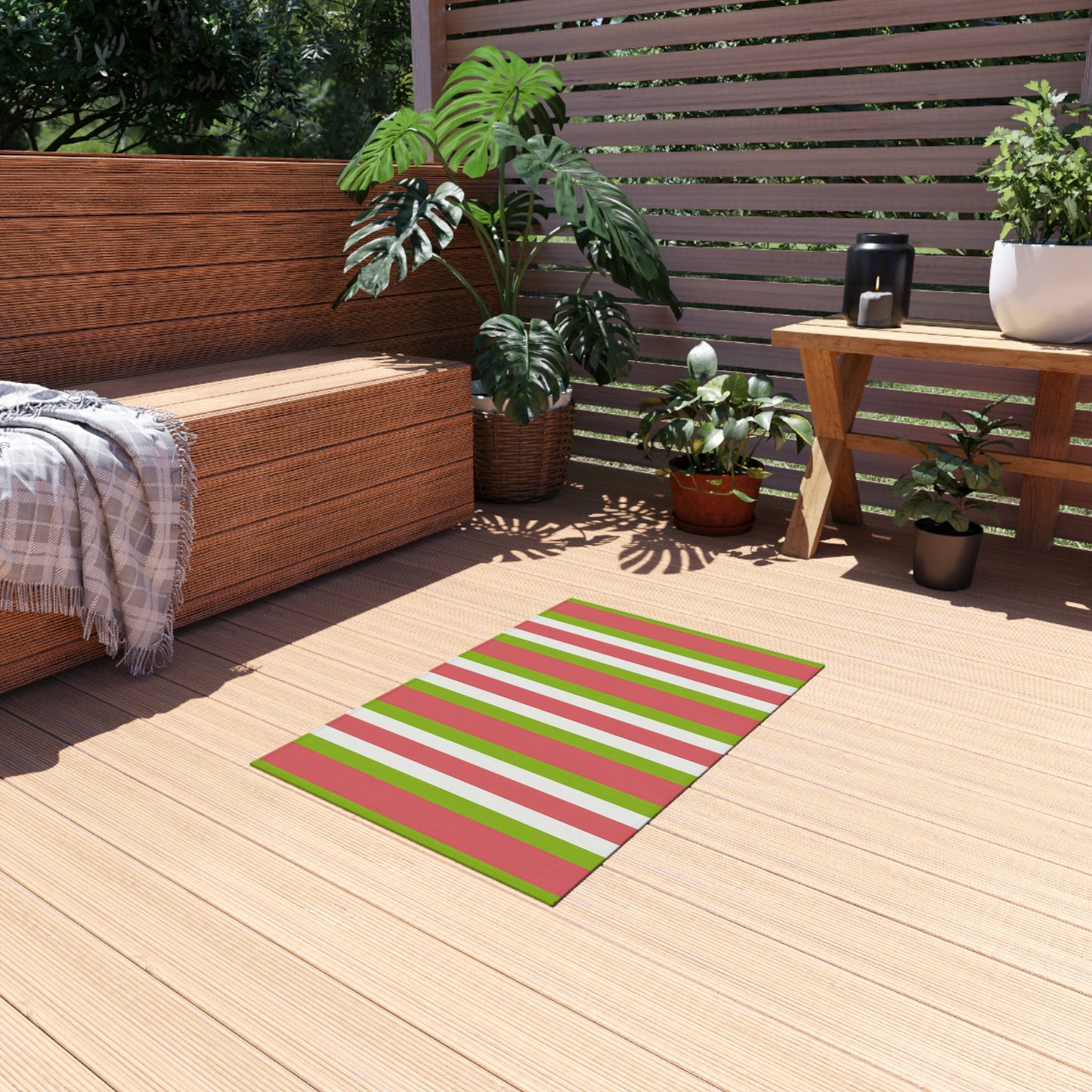 Striped Medium Pink Green White Outdoor/Indoor Rug | Patio Deck Mat