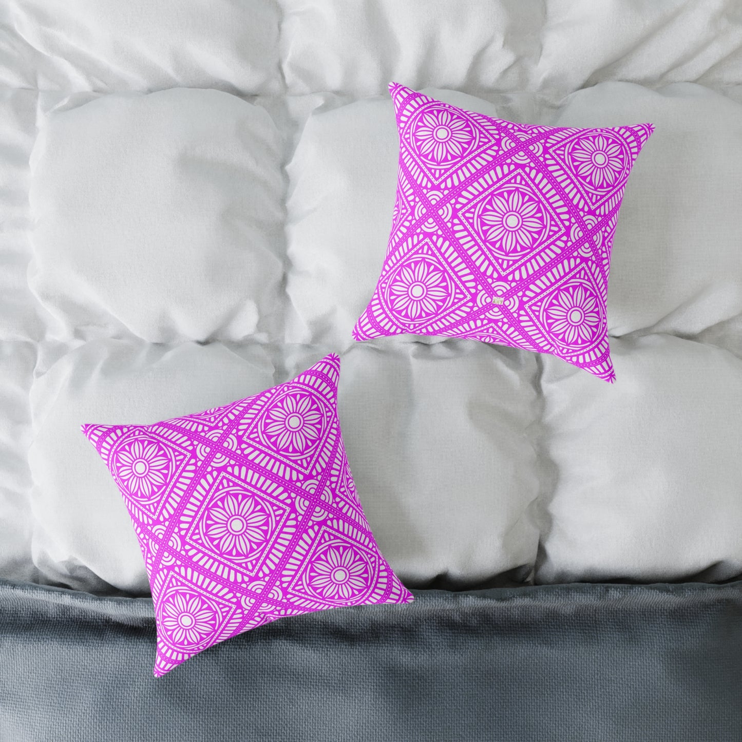 Pink and White Geometric Floral Tile Pillow | Square Poly Canvas Pillow