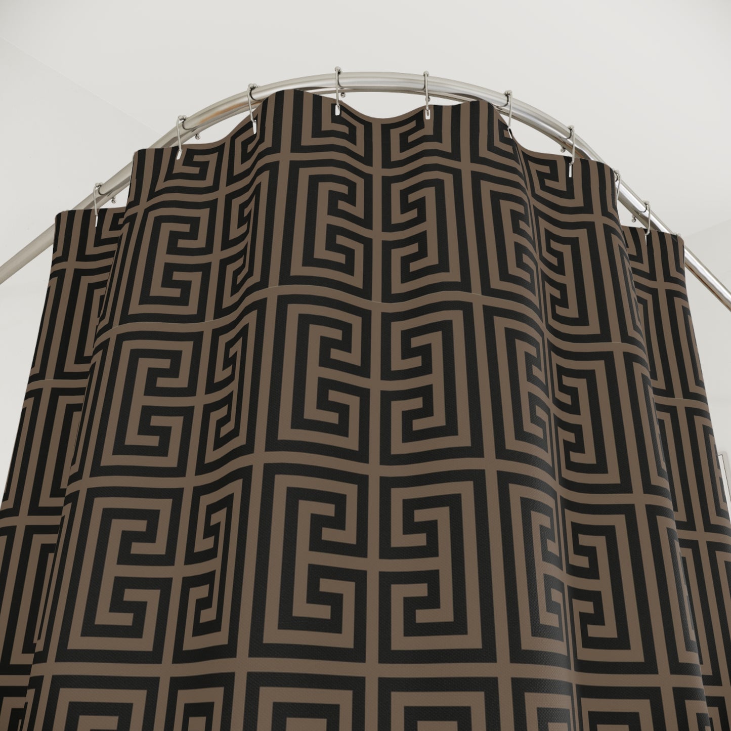 Geometric Greek Key Shower Curtain | Brown Black Maze Pattern, Classy Bathroom Accesory