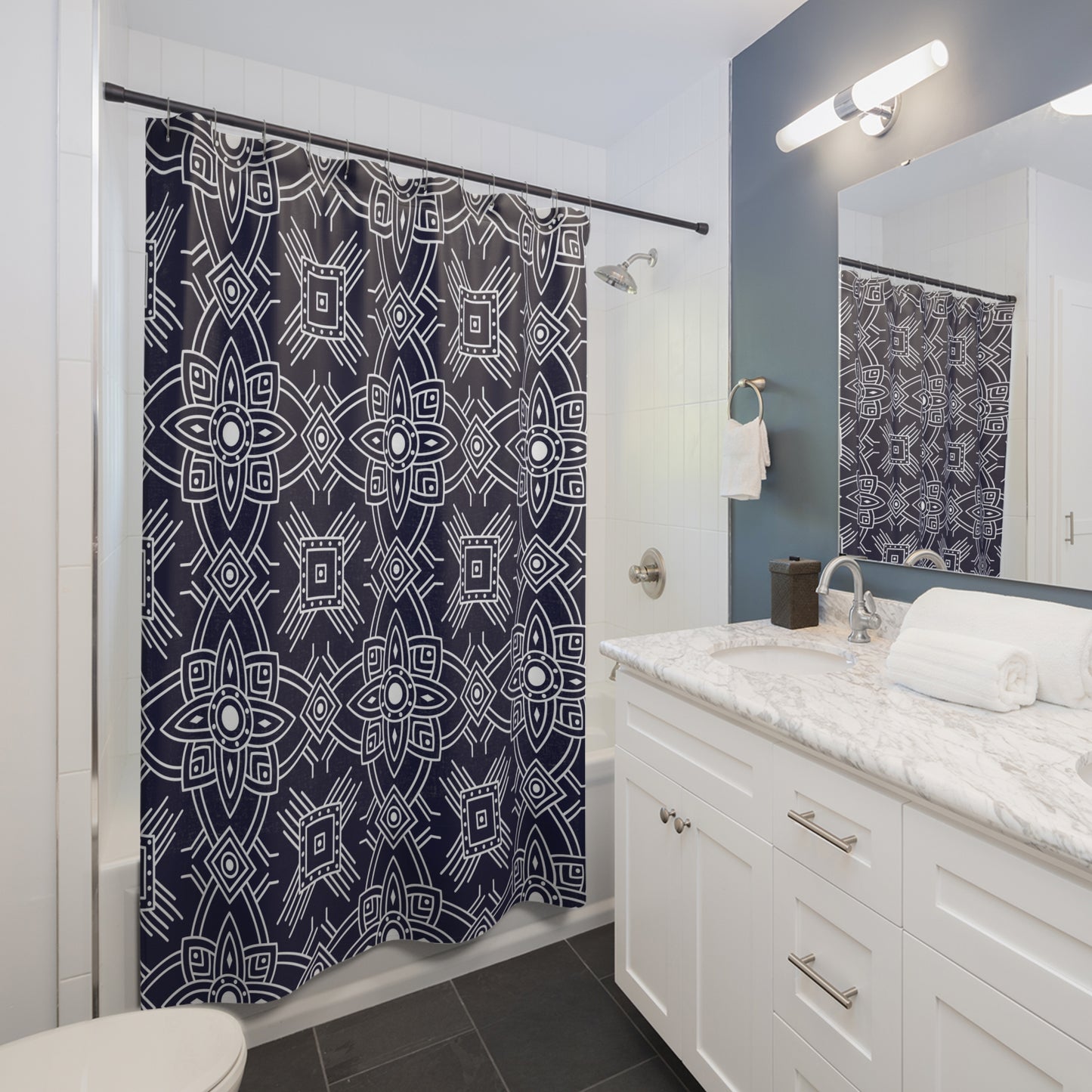 Navy Geometric Mandala Shower Curtain | Boho Tile Pattern