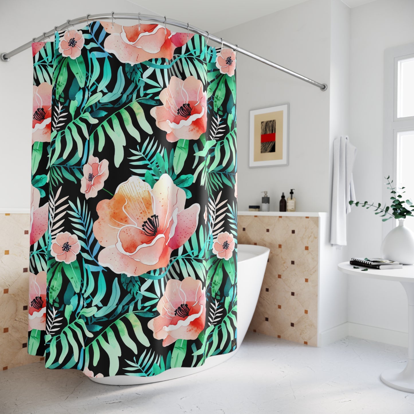 Coral Poppy Floral Tropical Shower Curtain | Green Palm Leaves