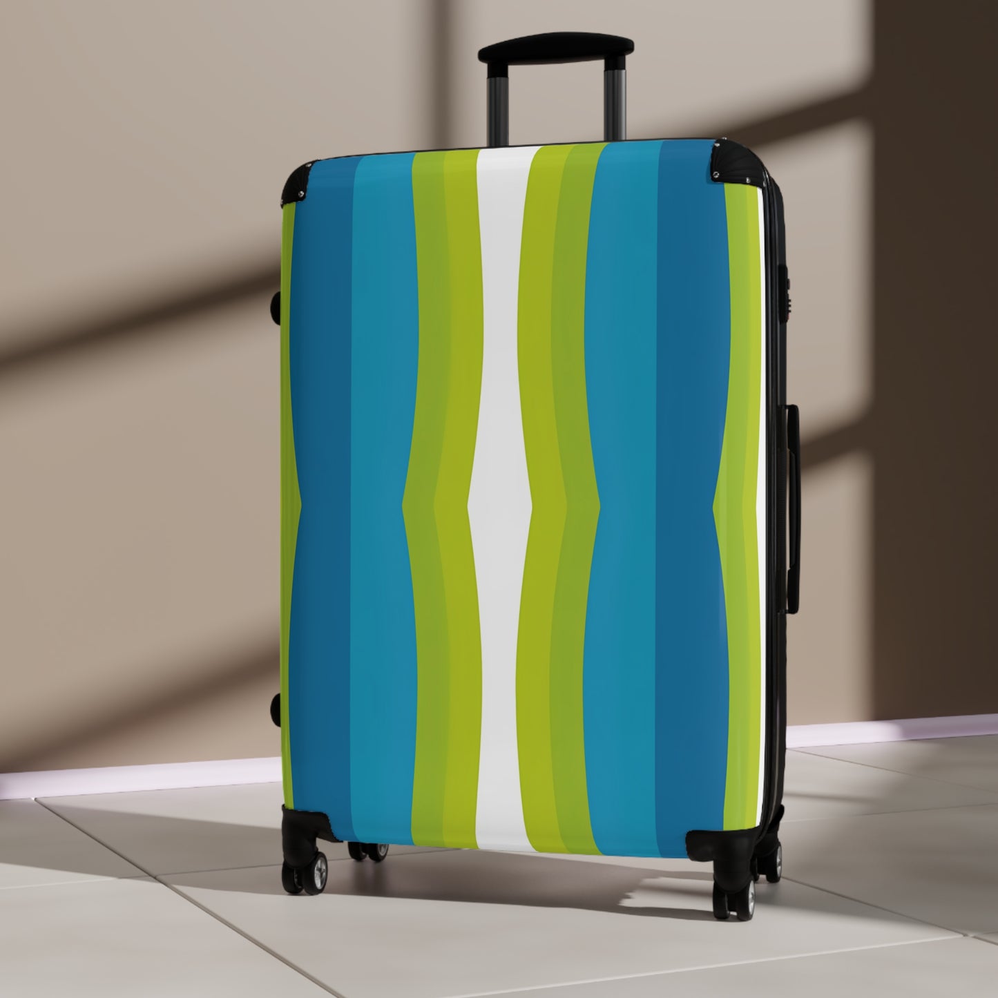 Blue Green Wave Stripe Suitcase | Travel Luggage