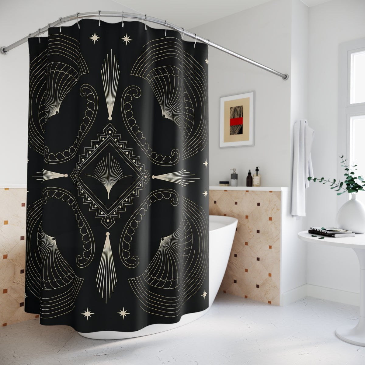 Art Deco Starburst Shower Curtain | Black White Geometric Bathroom