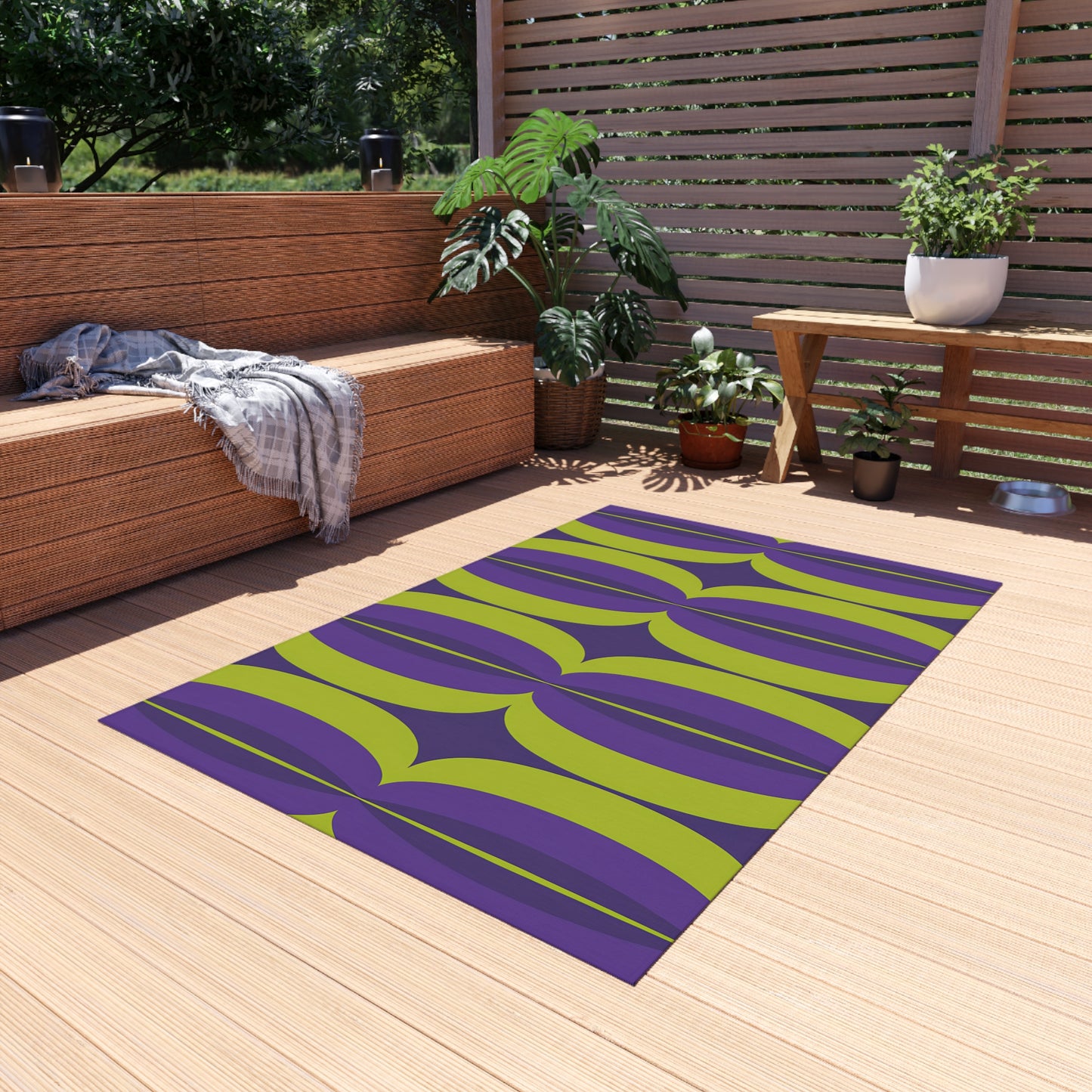 Green and Purple Mid-Century Geometric Outdoor/Indoor Rug | Retro Pattern Patio Mat