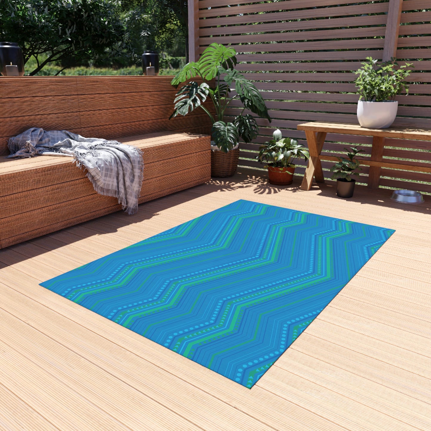 Blue Green Chevron Pattern Outdoor/Indoor Rug | Striped Zigzag Patio Mat